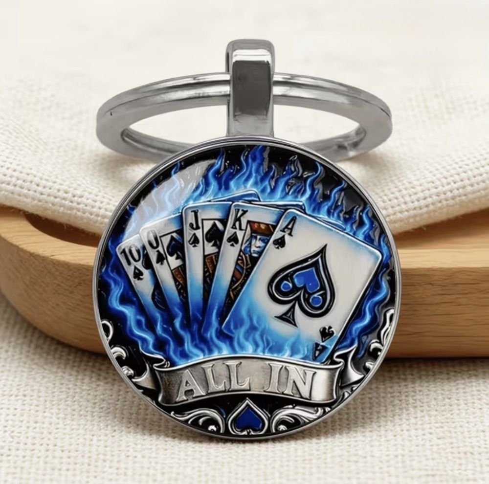 3/$25 ALL IN Royal Flush In Spades Blue Flames Keychain NEW